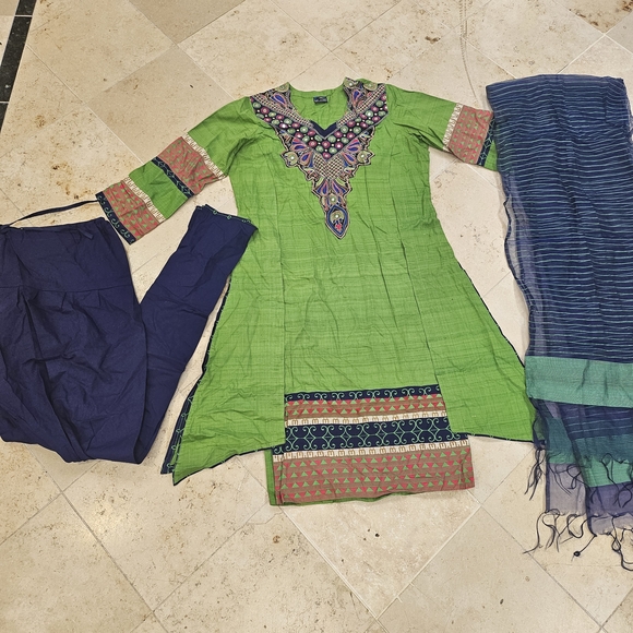 Green Embroidered Kurta with Blue Pants and Dupatta - Picture 1 of 9